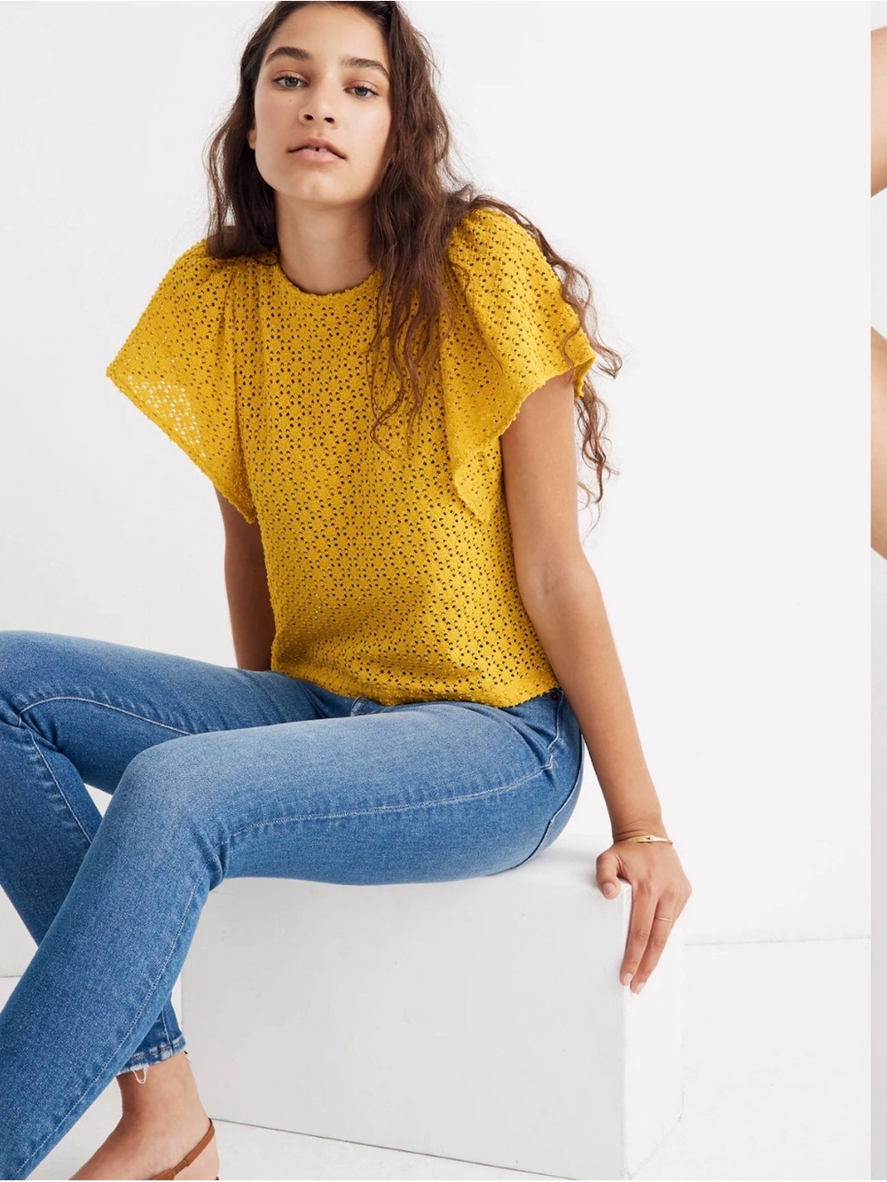 Madewell Eyelet Flutter Sleeve Top in Mustard Yellow